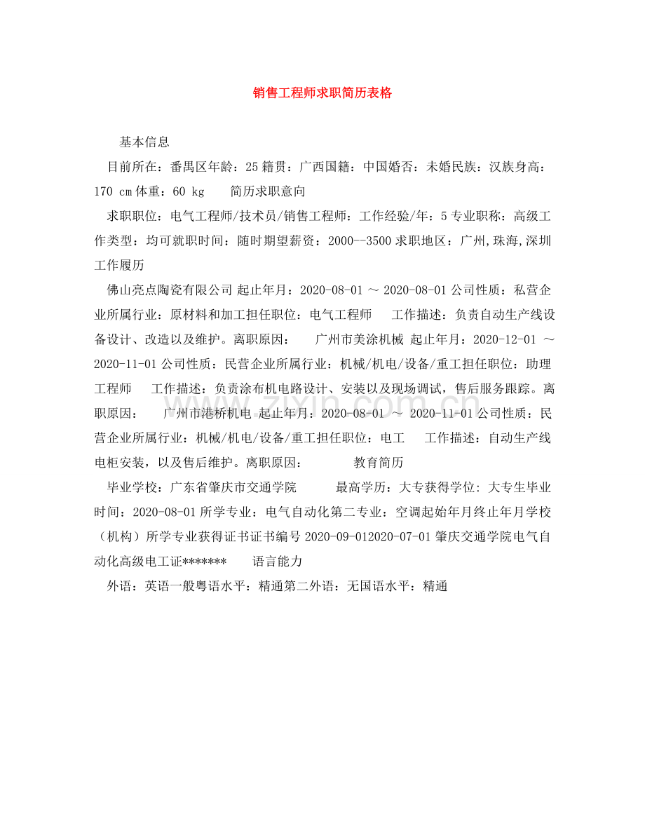 销售工程师求职简历表格 .doc_第1页