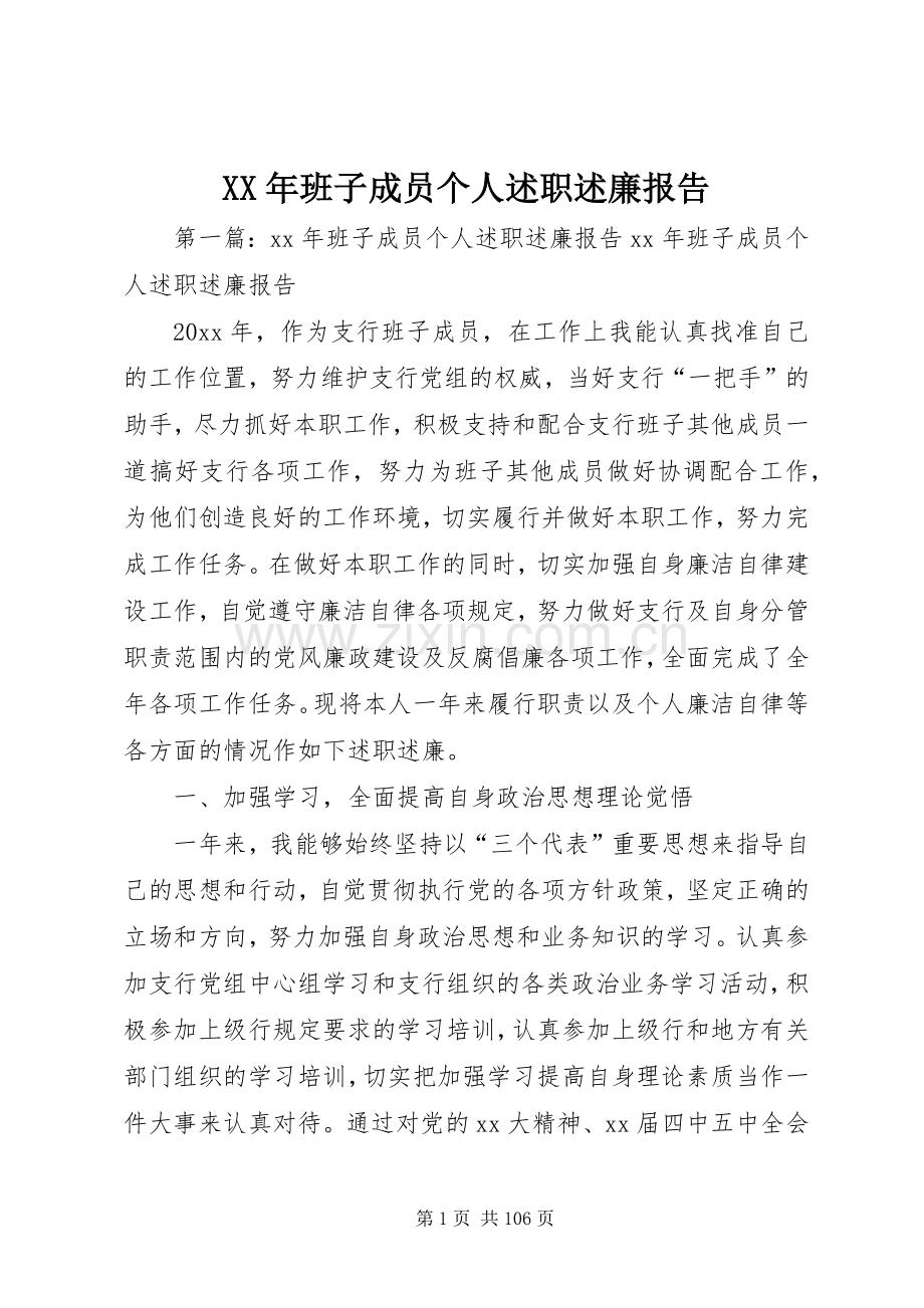 XX年班子成员个人述职述廉报告.docx_第1页