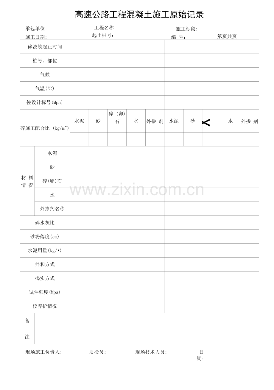 高速公路工程混凝土施工原始记录.docx_第1页