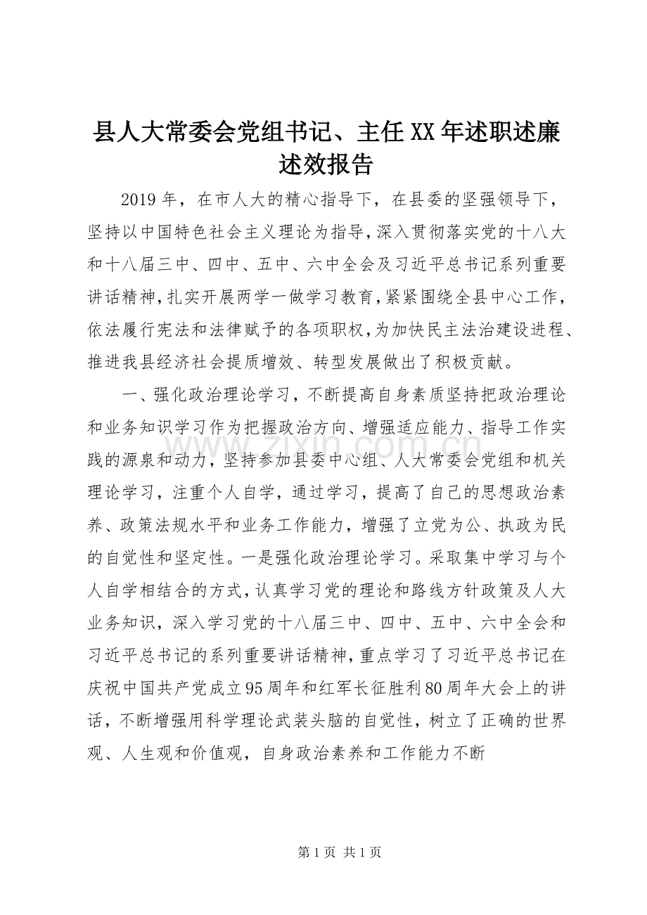 县人大常委会党组书记、主任XX年述职述廉述效报告.docx_第1页