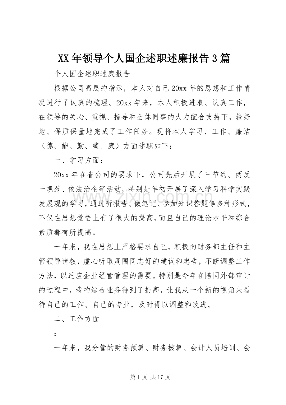 XX年领导个人国企述职述廉报告3篇.docx_第1页