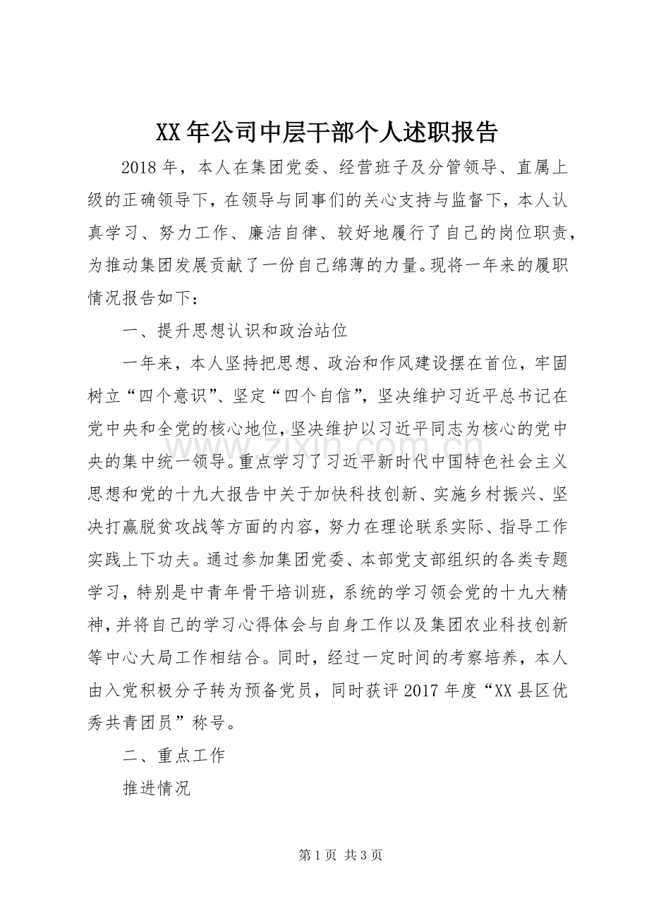 XX年公司中层干部个人述职报告.docx_第1页