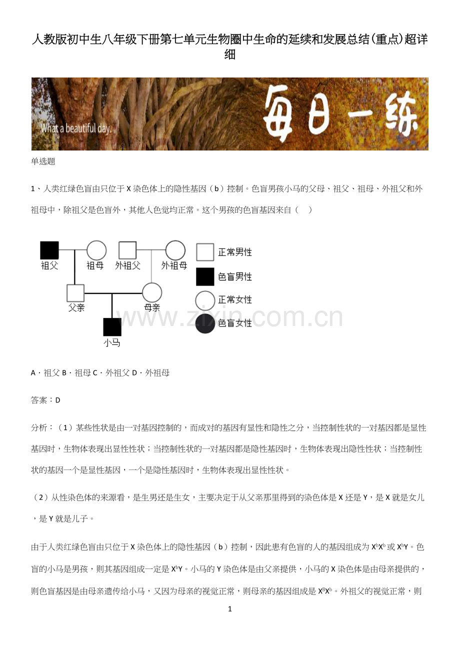 人教版初中生八年级下册第七单元生物圈中生命的延续和发展总结(重点).docx_第1页