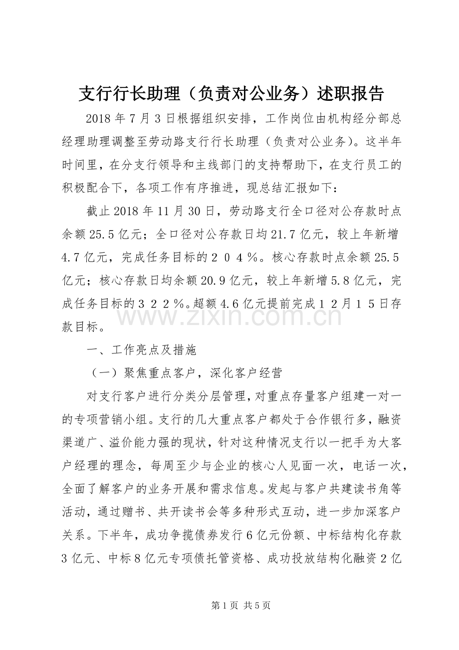 支行行长助理（负责对公业务）述职报告.docx_第1页