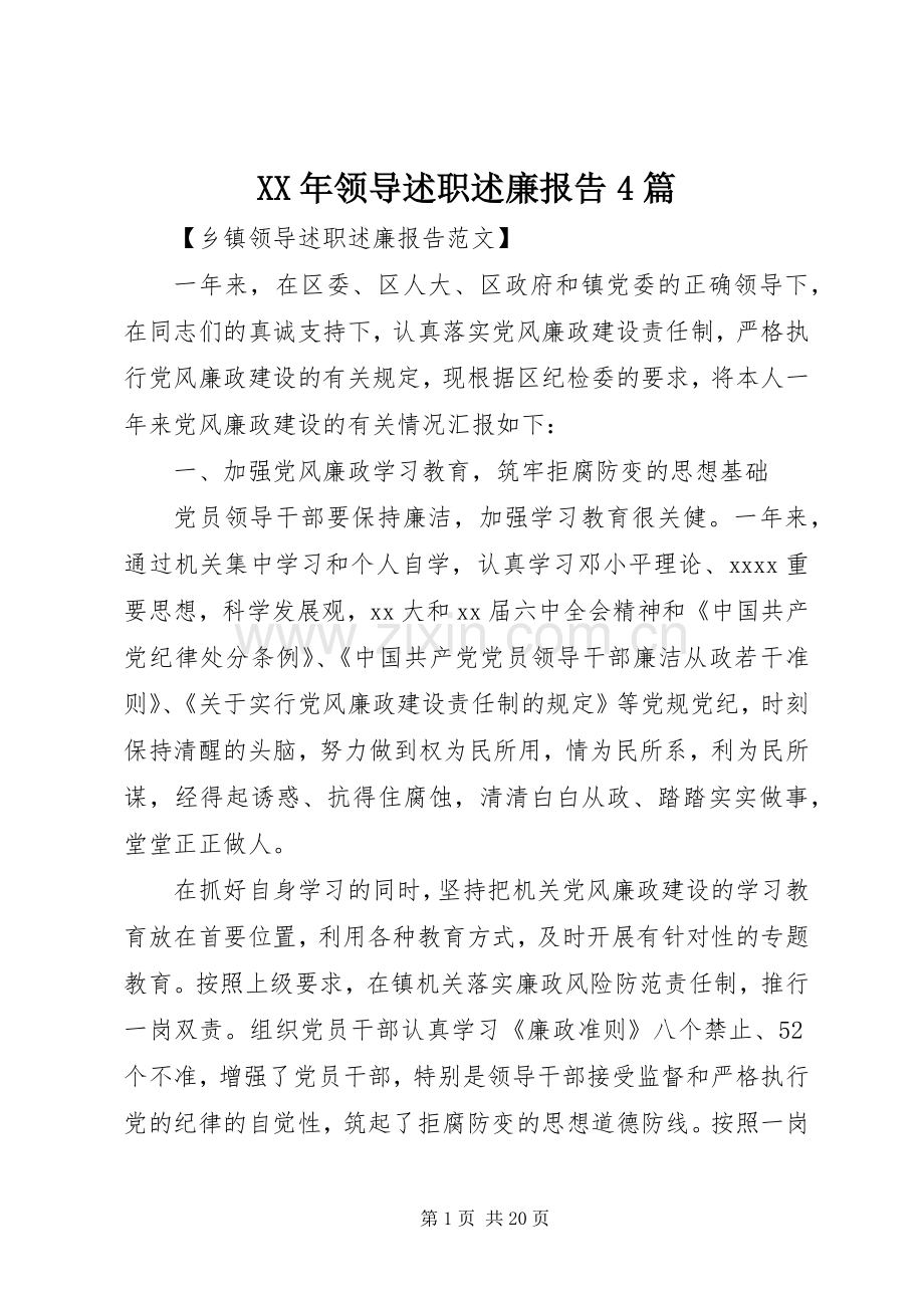 XX年领导述职述廉报告4篇.docx_第1页