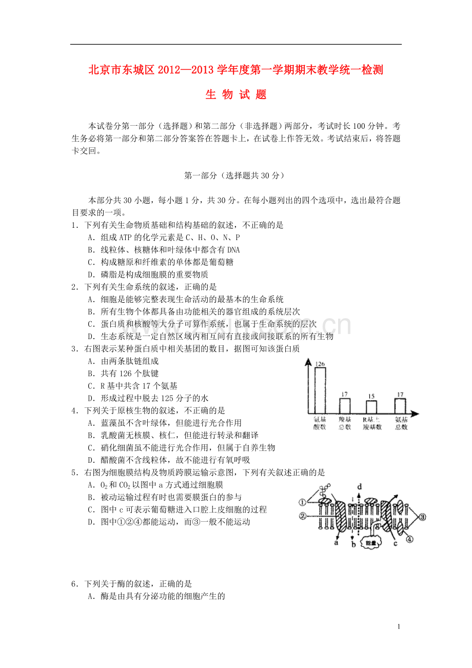 北京市东城区高三生物上学期期末考试试题新人教版.doc_第1页