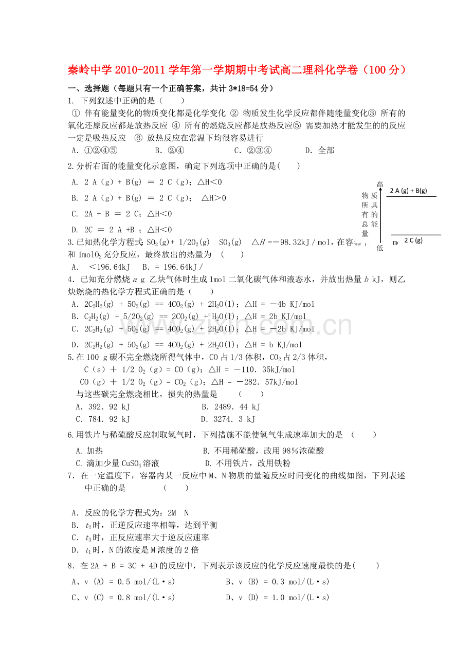 陕西省兴平市秦岭20102011高二化学上学期期中考试无答案 理 新人教版 .doc_第1页