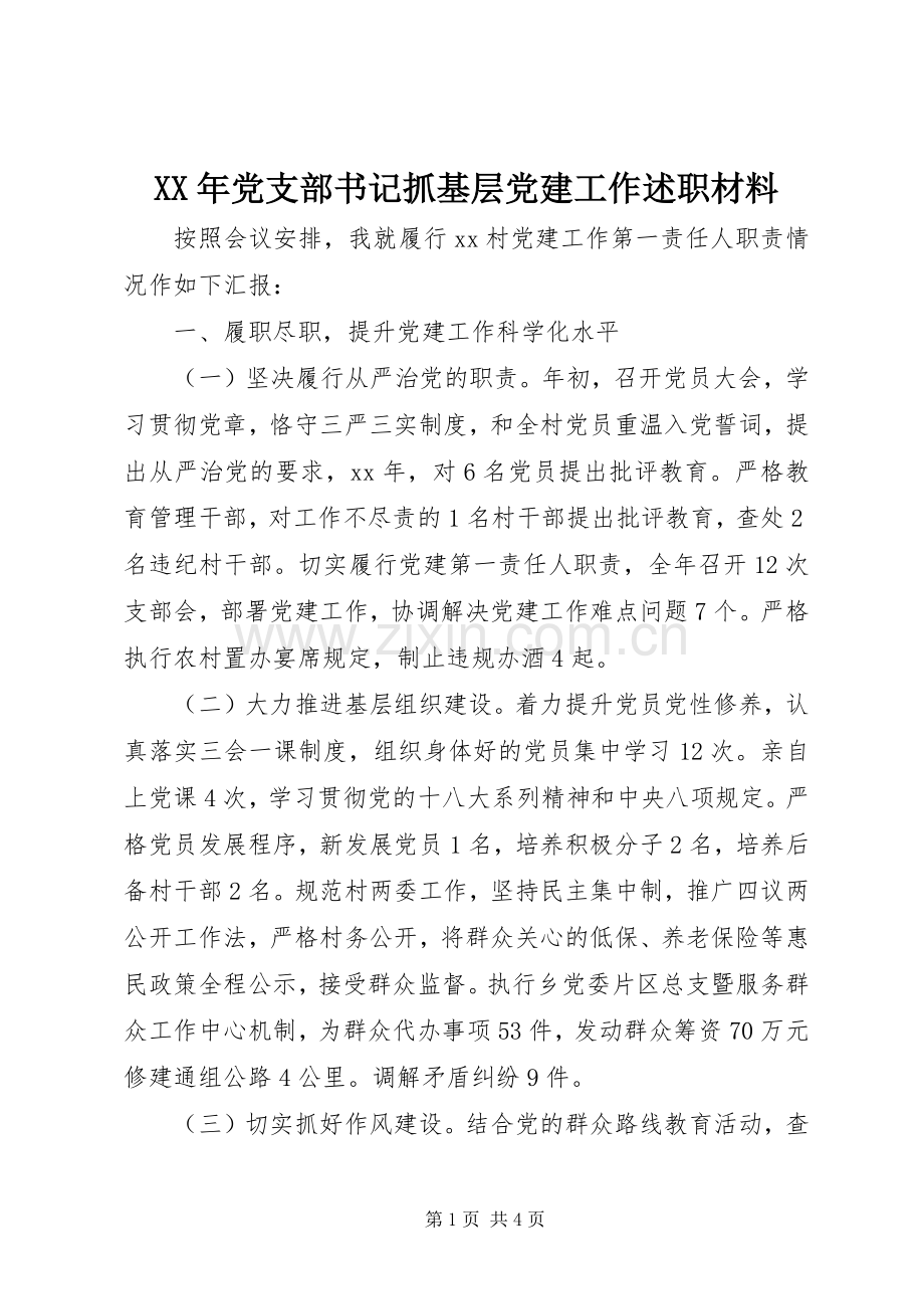 XX年党支部书记抓基层党建工作述职材料.docx_第1页