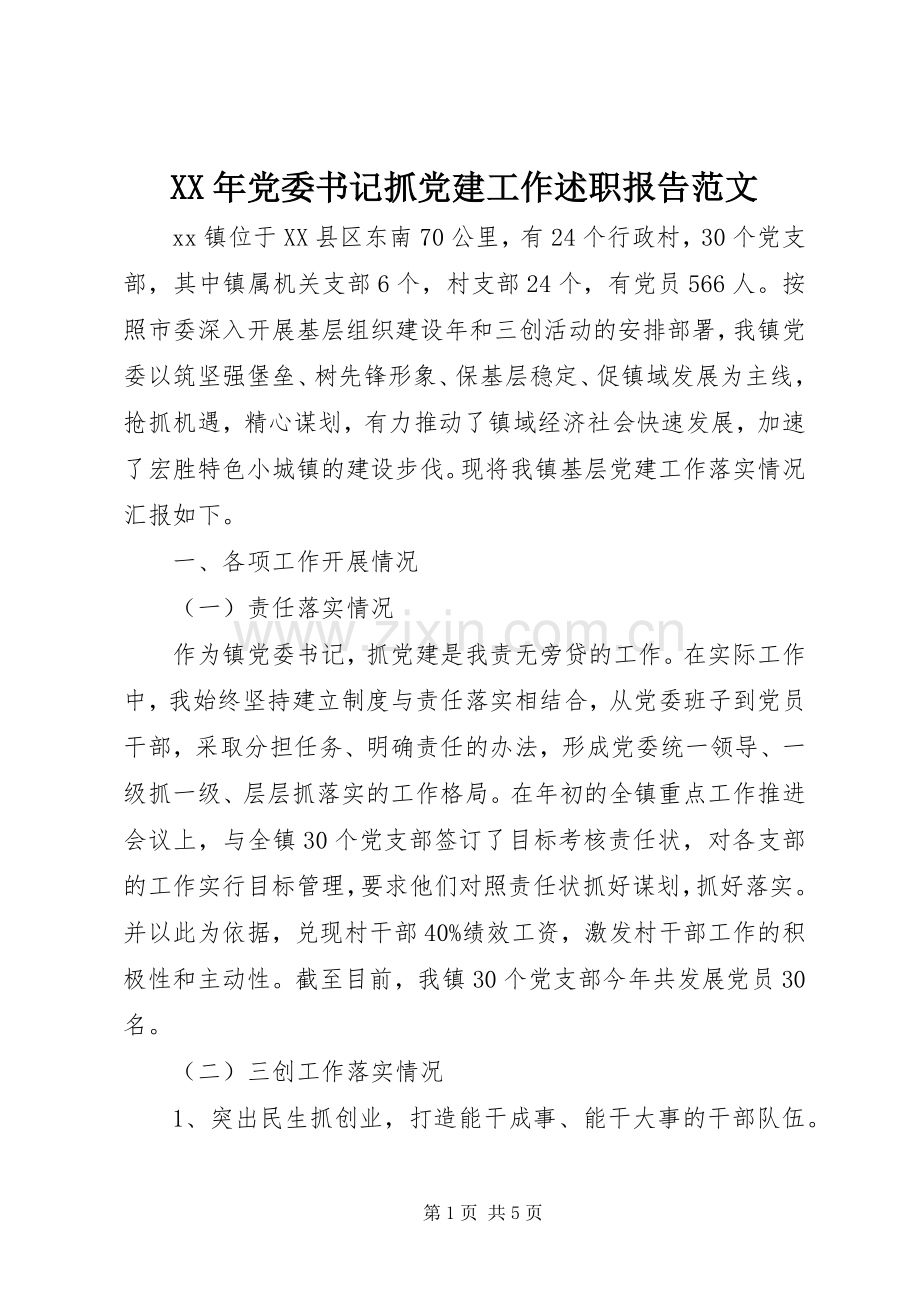 XX年党委书记抓党建工作述职报告范文.docx_第1页