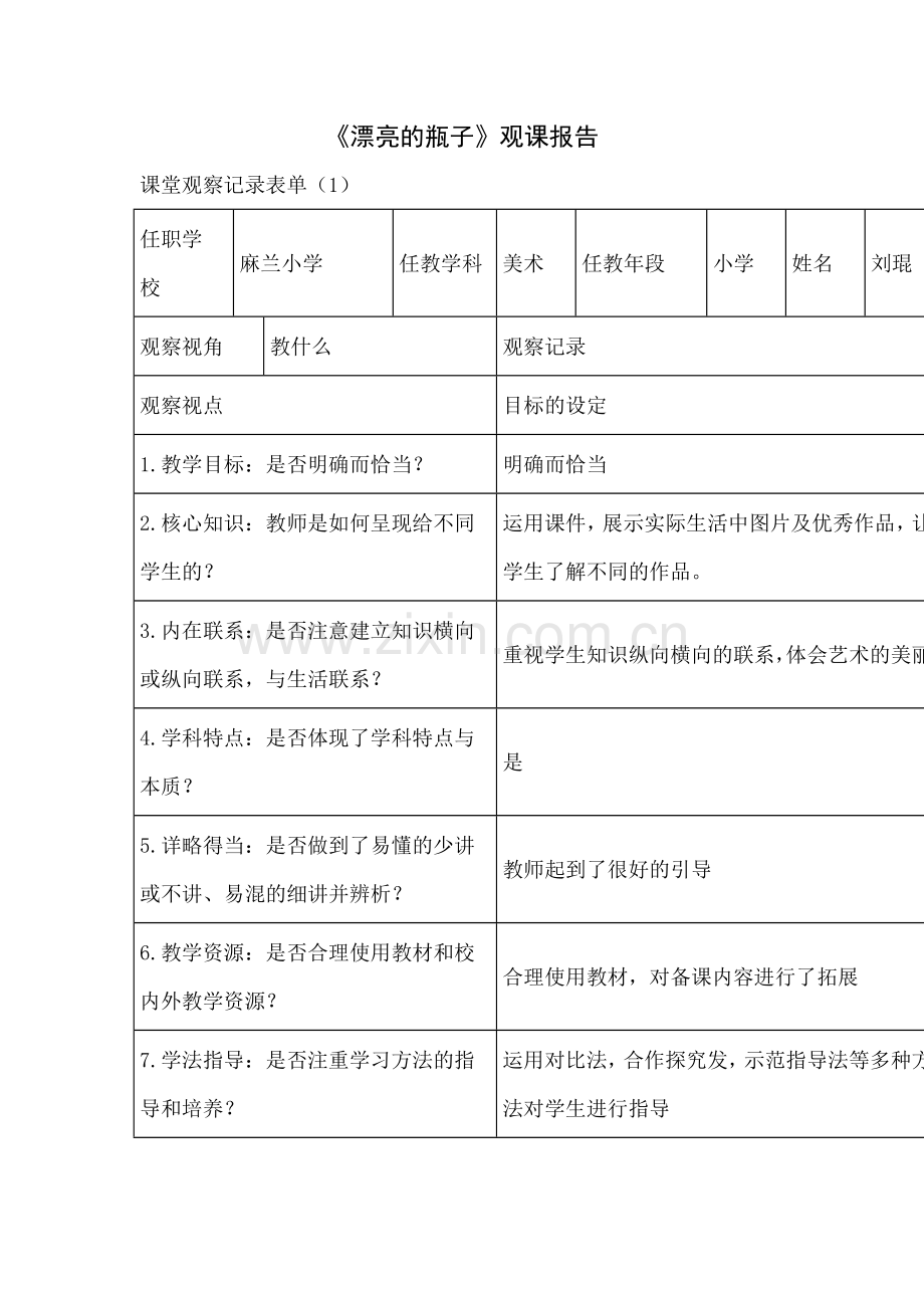 人美版小学美术一年级下册《漂亮的瓶子》课堂观课报告.doc_第1页