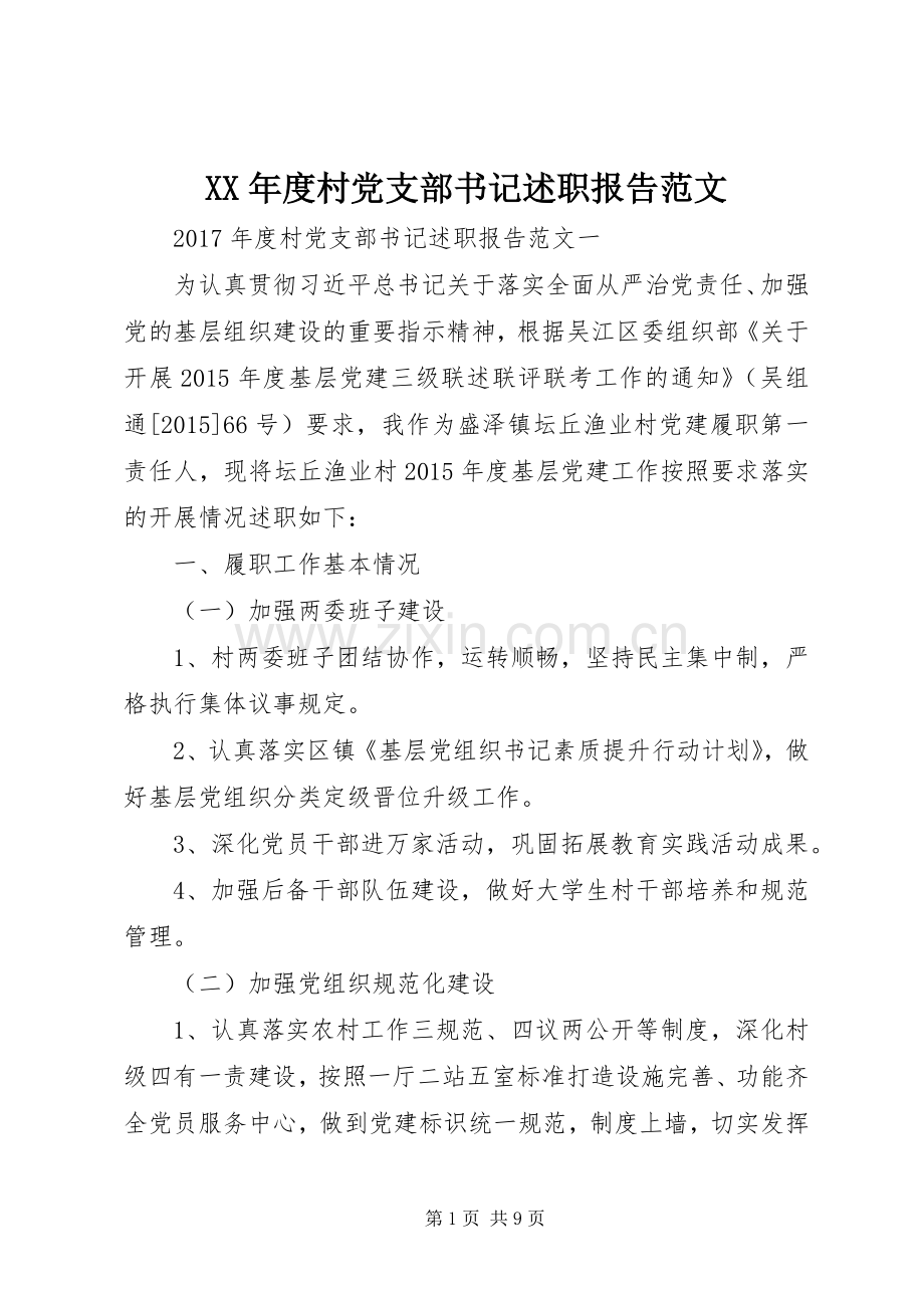 XX年度村党支部书记述职报告范文.docx_第1页