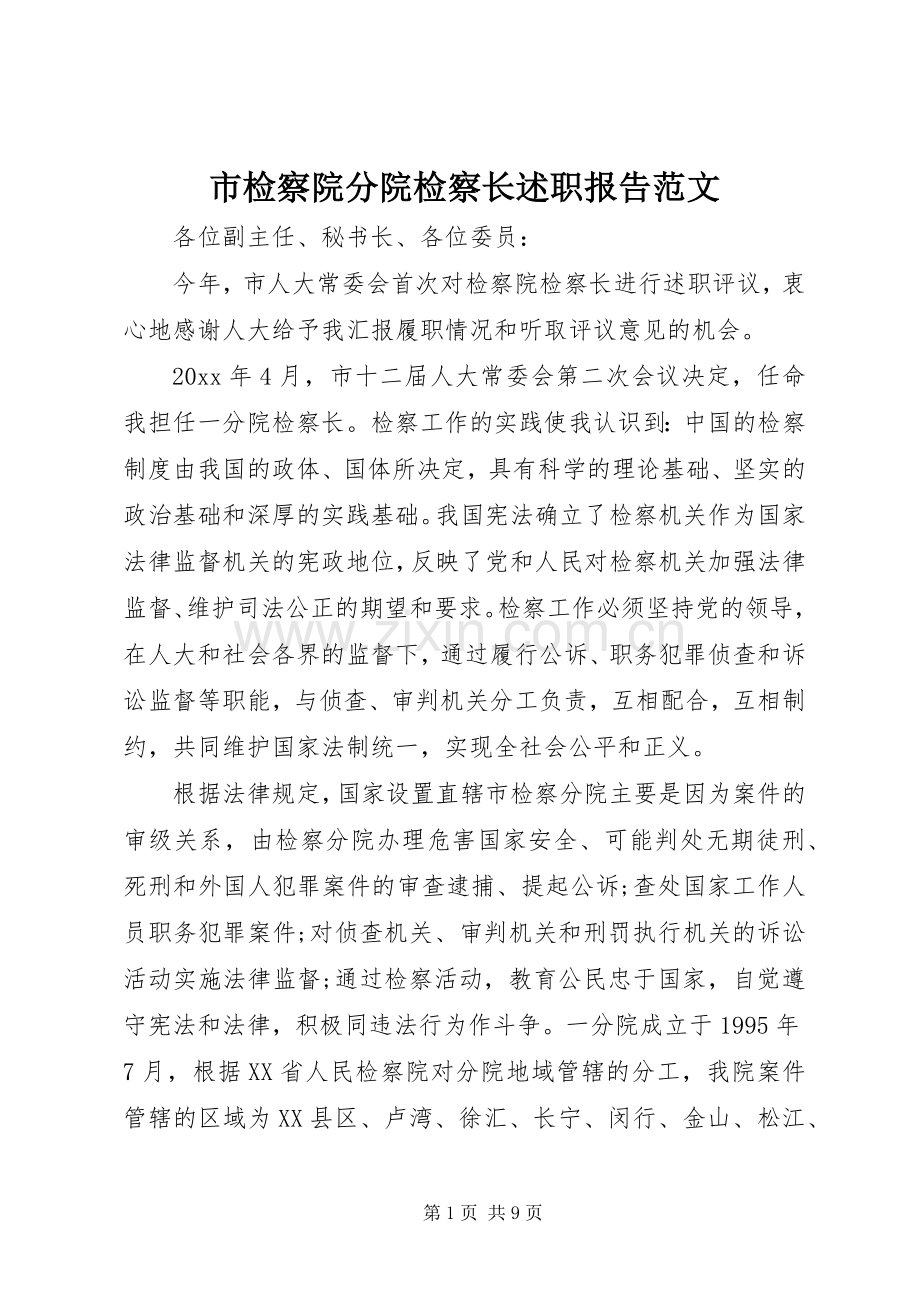 市检察院分院检察长述职报告范文.docx_第1页