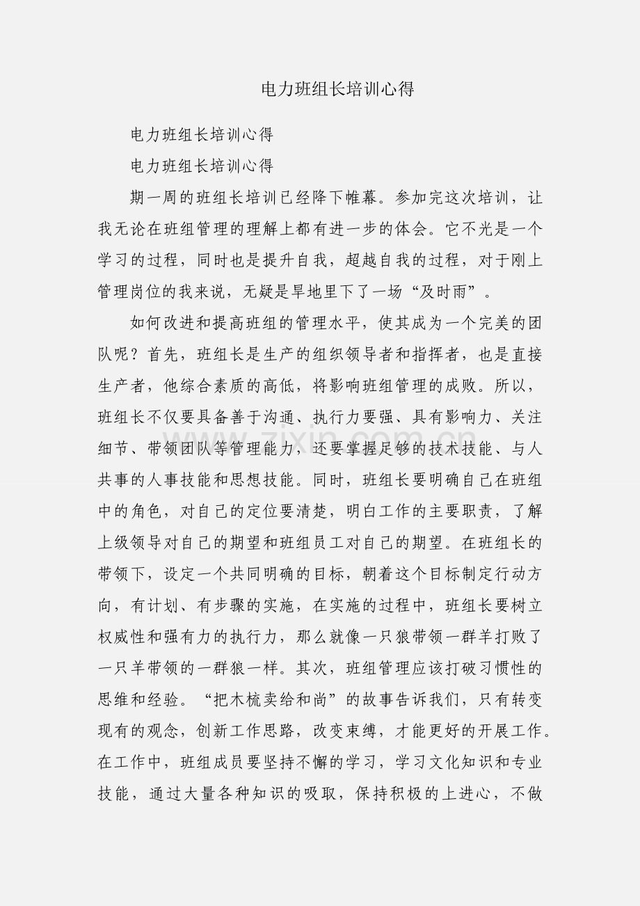 电力班组长培训心得.docx_第1页