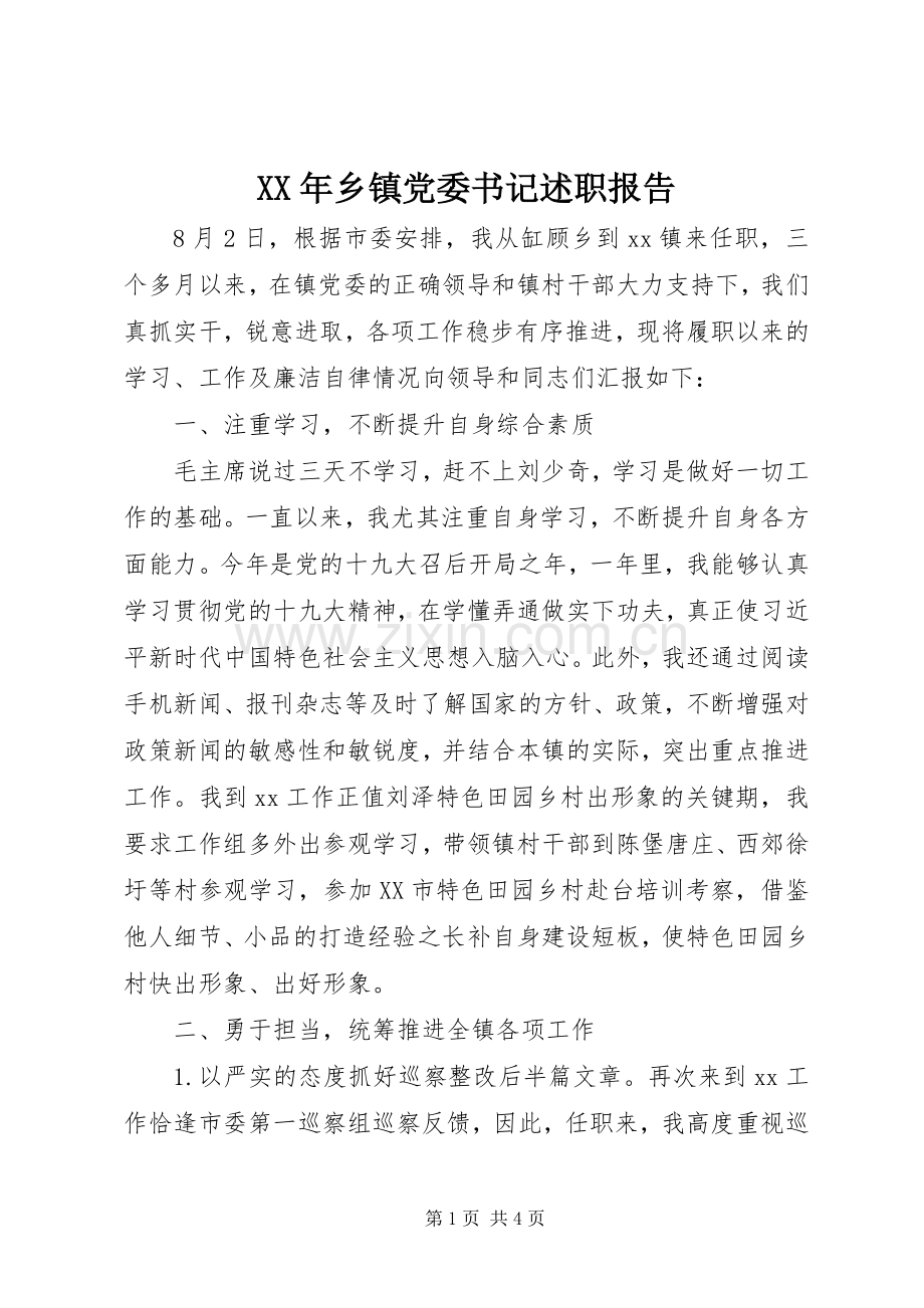 XX年乡镇党委书记述职报告.docx_第1页