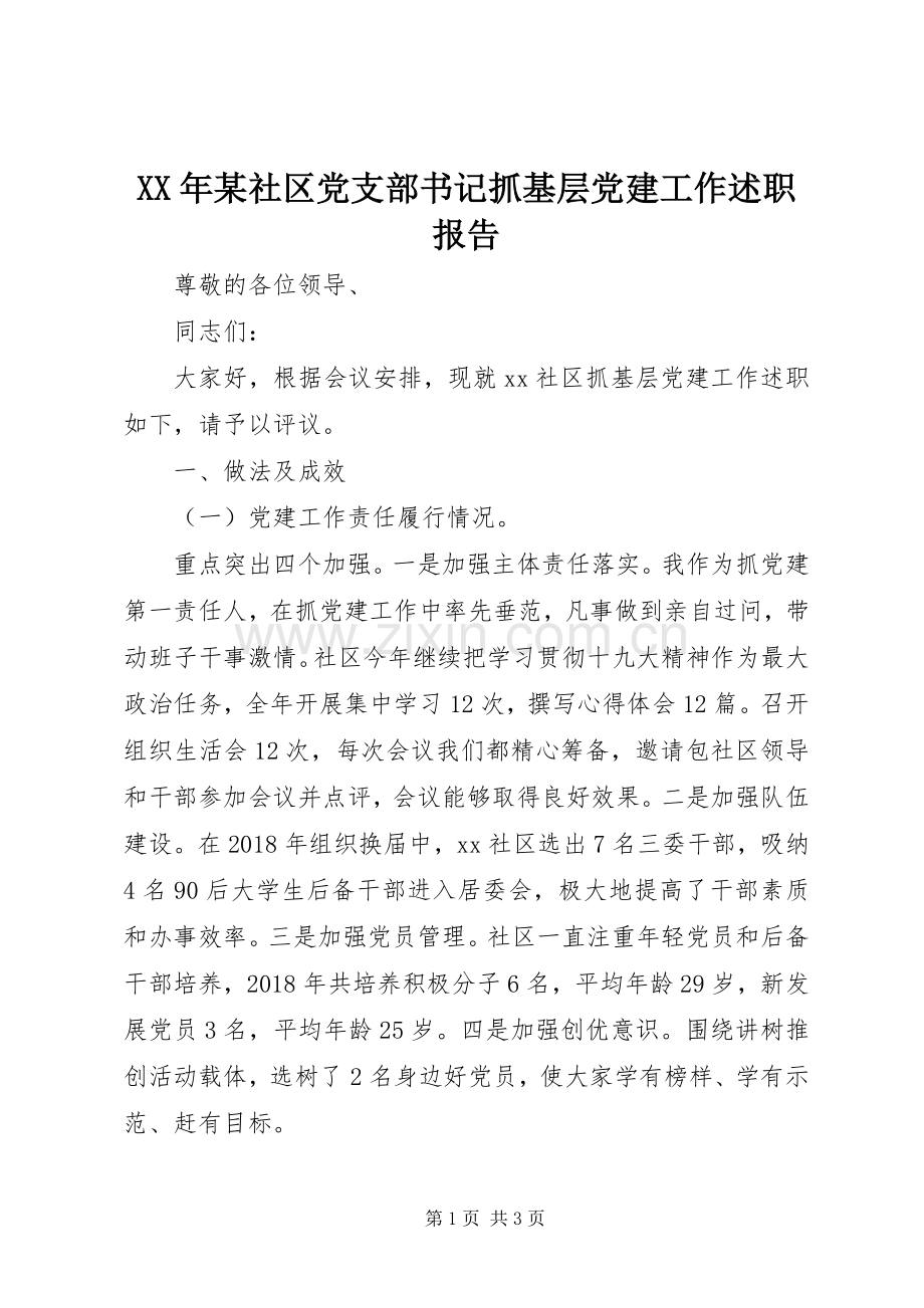 XX年某社区党支部书记抓基层党建工作述职报告.docx_第1页