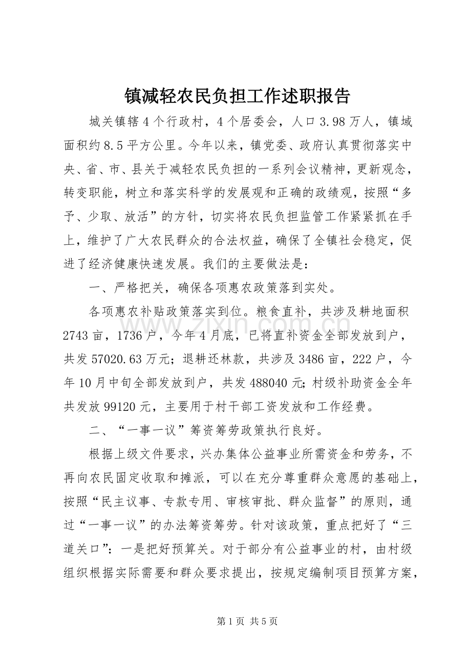 镇减轻农民负担工作述职报告.docx_第1页