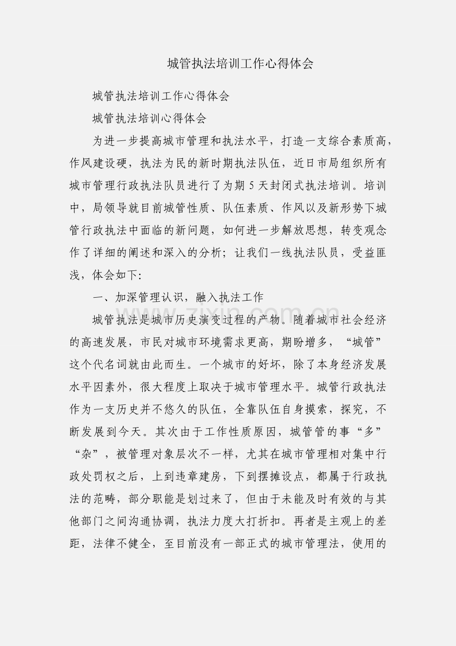 城管执法培训工作心得体会.docx_第1页