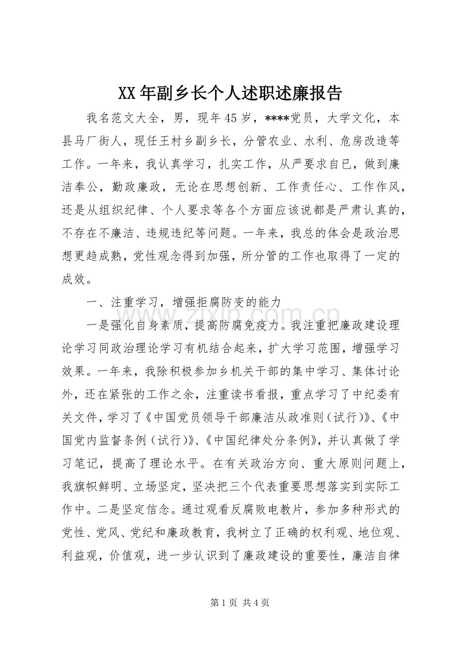 XX年副乡长个人述职述廉报告.docx_第1页