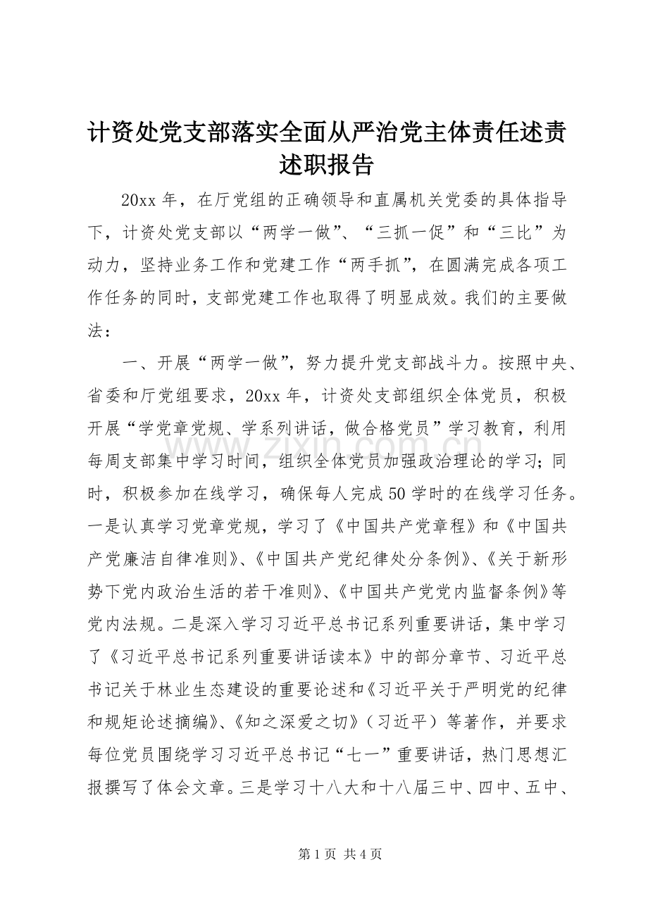 计资处党支部落实全面从严治党主体责任述责述职报告.docx_第1页