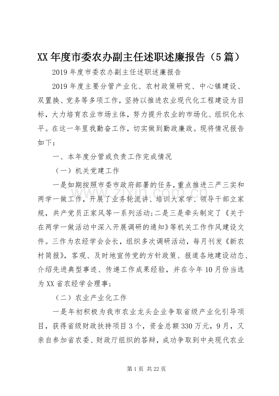 XX年度市委农办副主任述职述廉报告（5篇）.docx_第1页