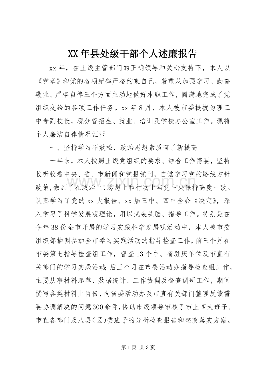 XX年县处级干部个人述廉报告.docx_第1页