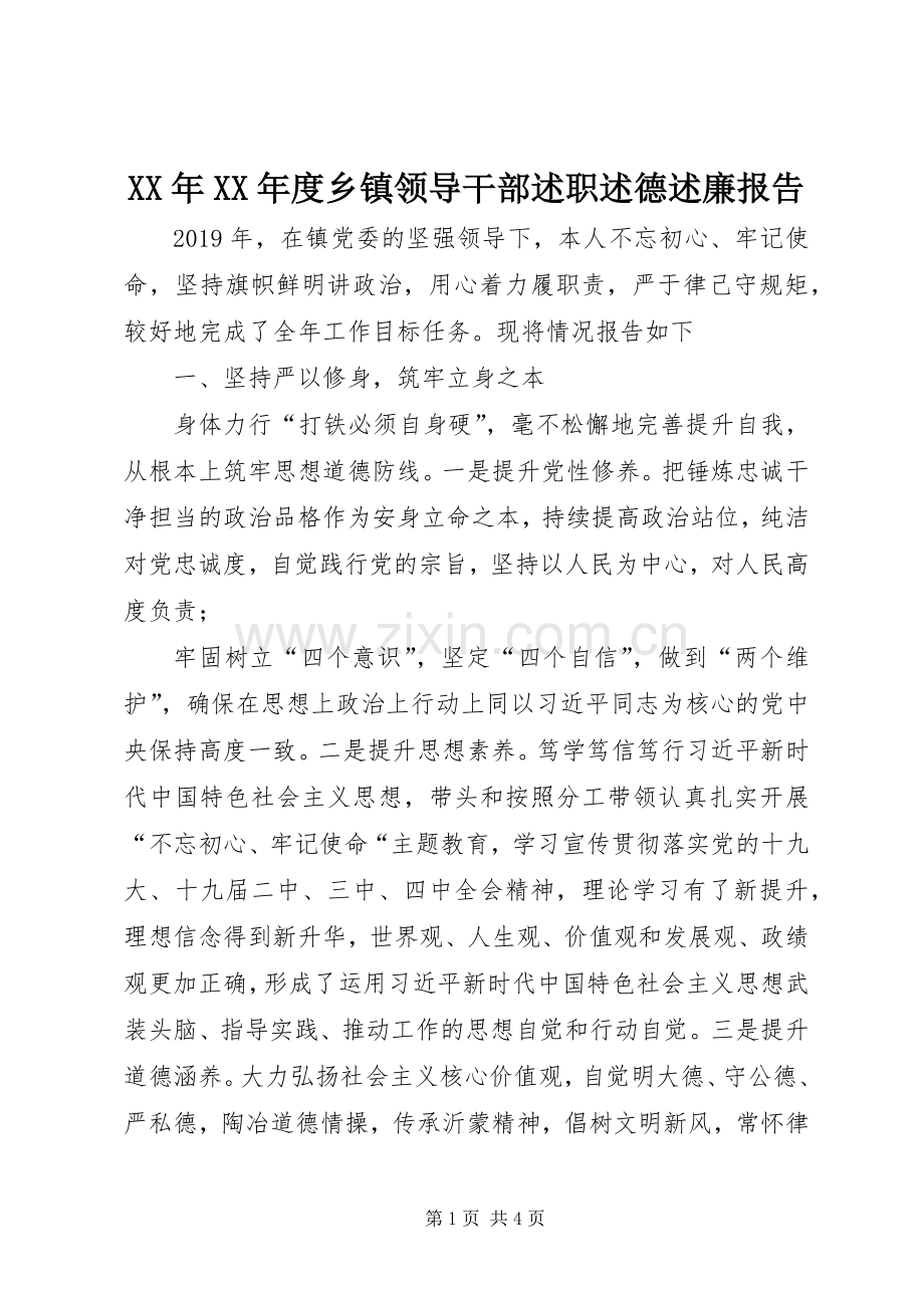 XX年XX年度乡镇领导干部述职述德述廉报告.docx_第1页