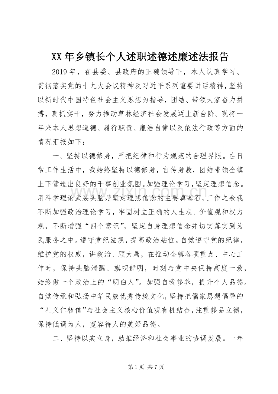 XX年乡镇长个人述职述德述廉述法报告.docx_第1页