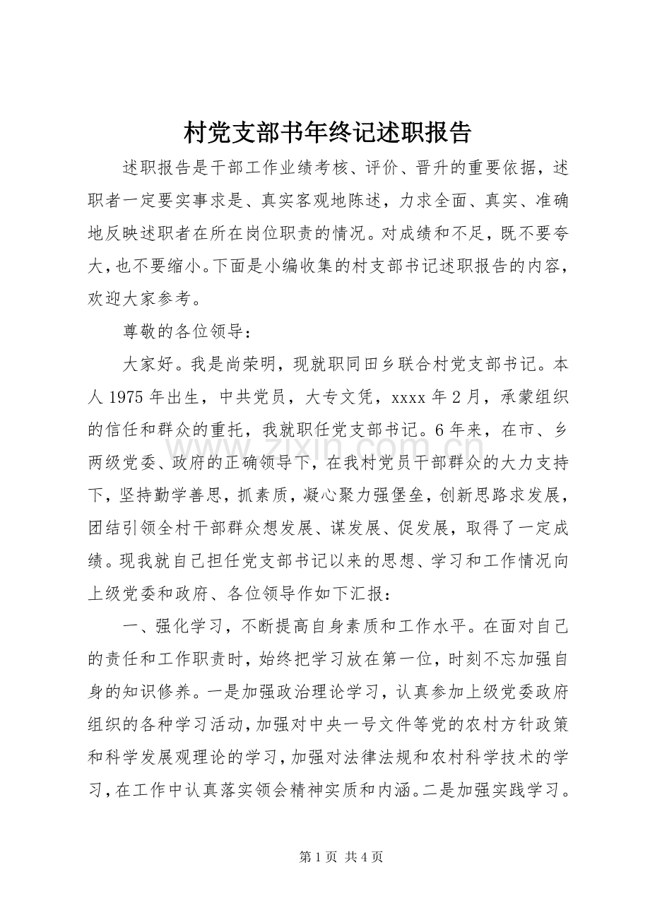 村党支部书年终记述职报告.docx_第1页