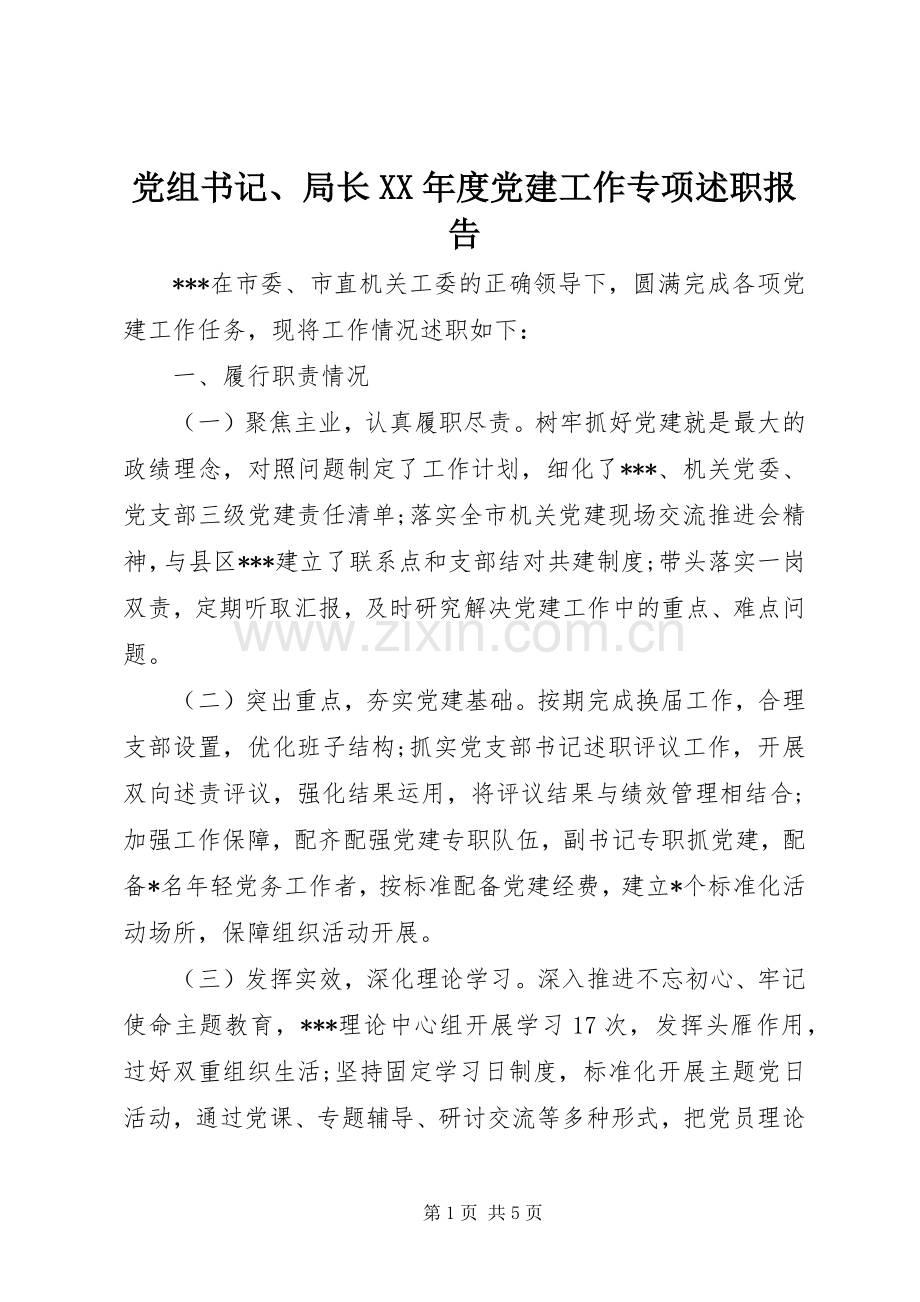 党组书记、局长XX年度党建工作专项述职报告.docx_第1页