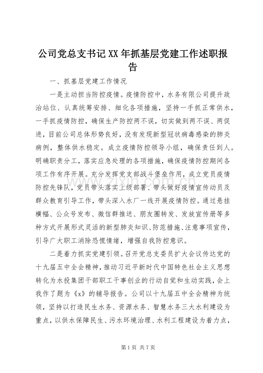 公司党总支书记XX年抓基层党建工作述职报告.docx_第1页