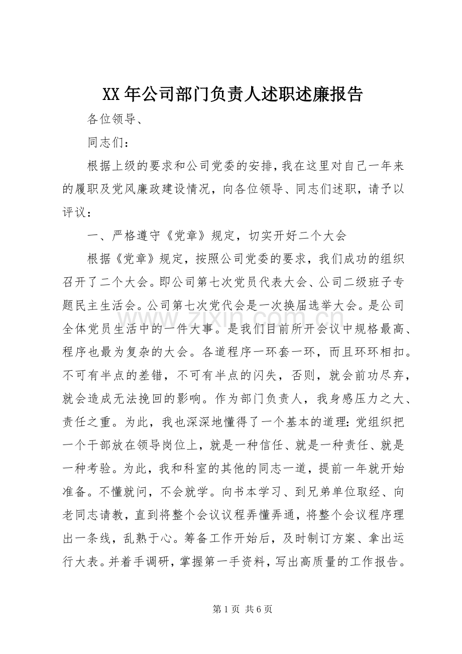 XX年公司部门负责人述职述廉报告.docx_第1页