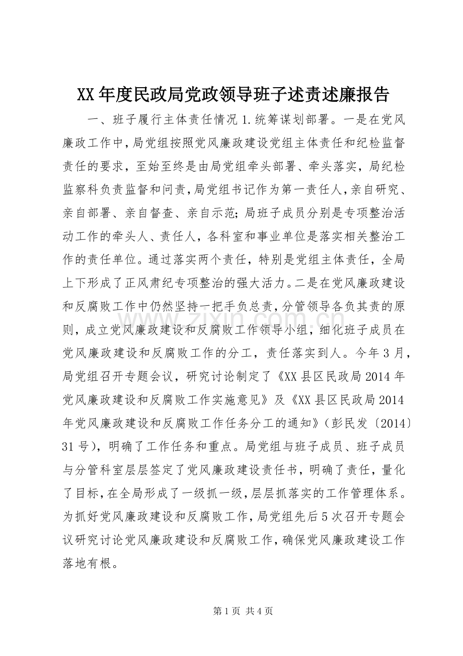 XX年度民政局党政领导班子述责述廉报告.docx_第1页