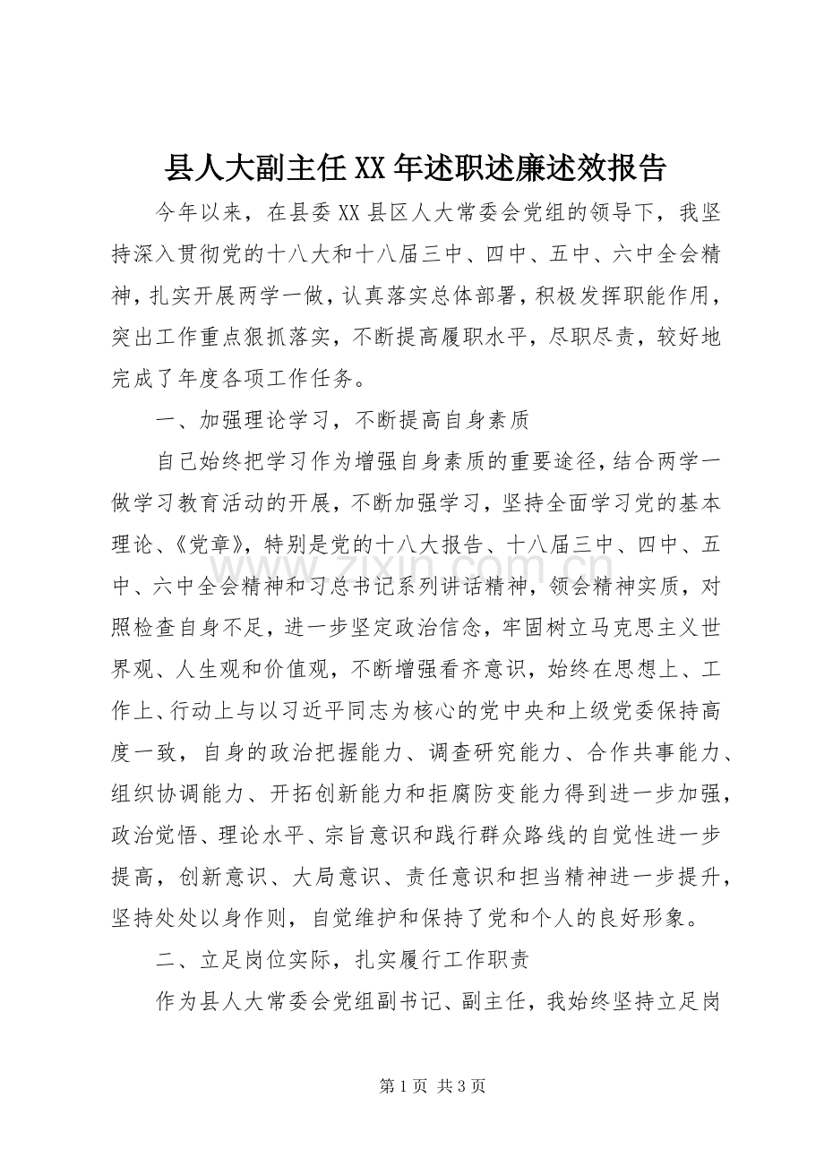 县人大副主任XX年述职述廉述效报告.docx_第1页