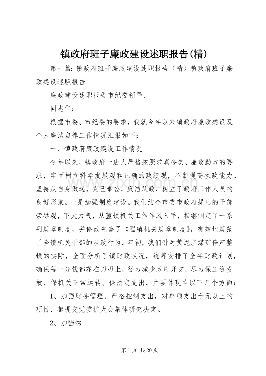 镇政府班子廉政建设述职报告.docx_第1页