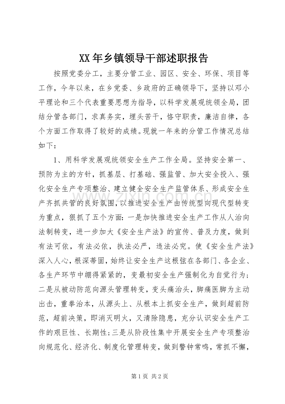 XX年乡镇领导干部述职报告.docx_第1页