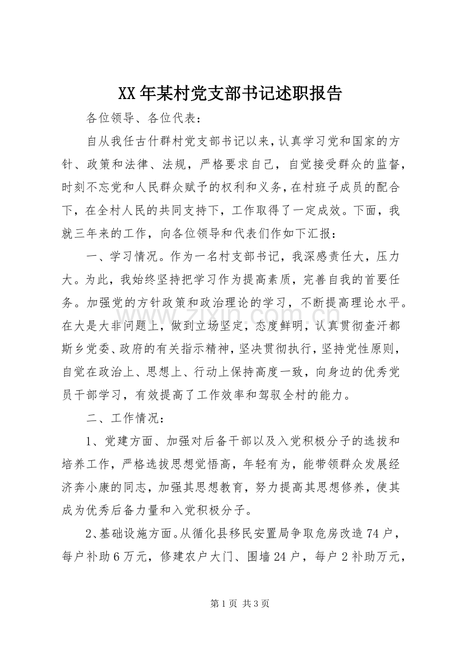 XX年某村党支部书记述职报告.docx_第1页