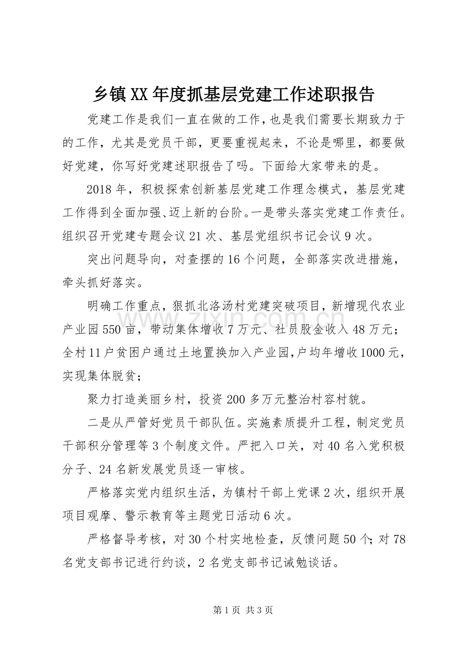 乡镇XX年度抓基层党建工作述职报告.docx_第1页