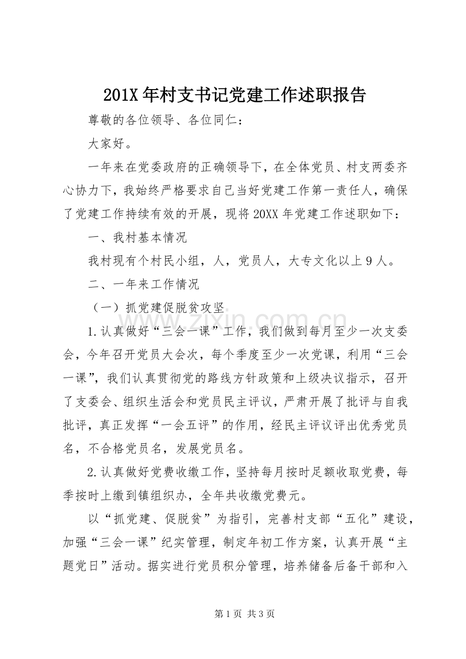 201X年村支书记党建工作述职报告.docx_第1页