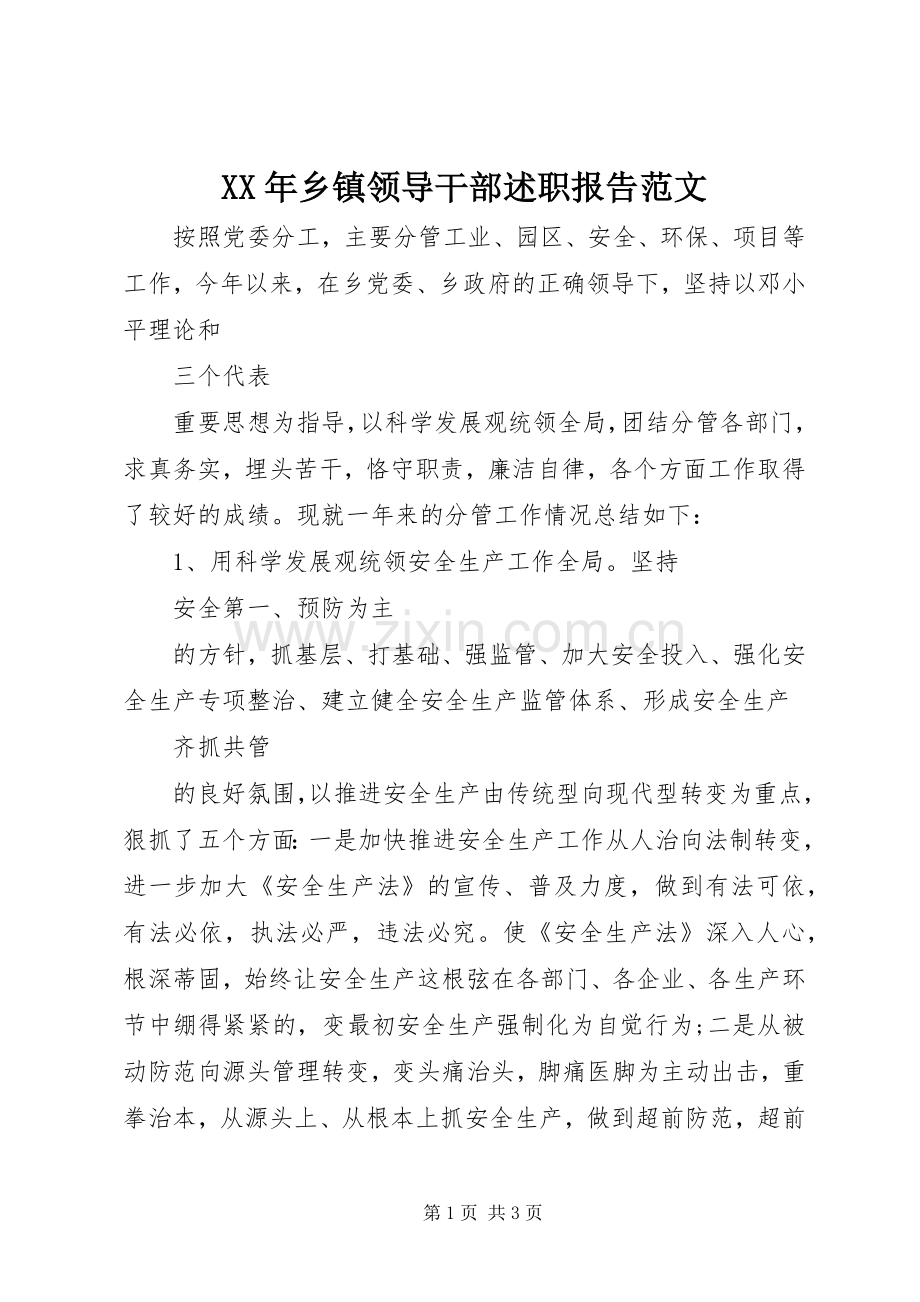 XX年乡镇领导干部述职报告范文.docx_第1页