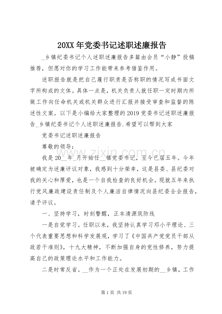 20XX年党委书记述职述廉报告.docx_第1页