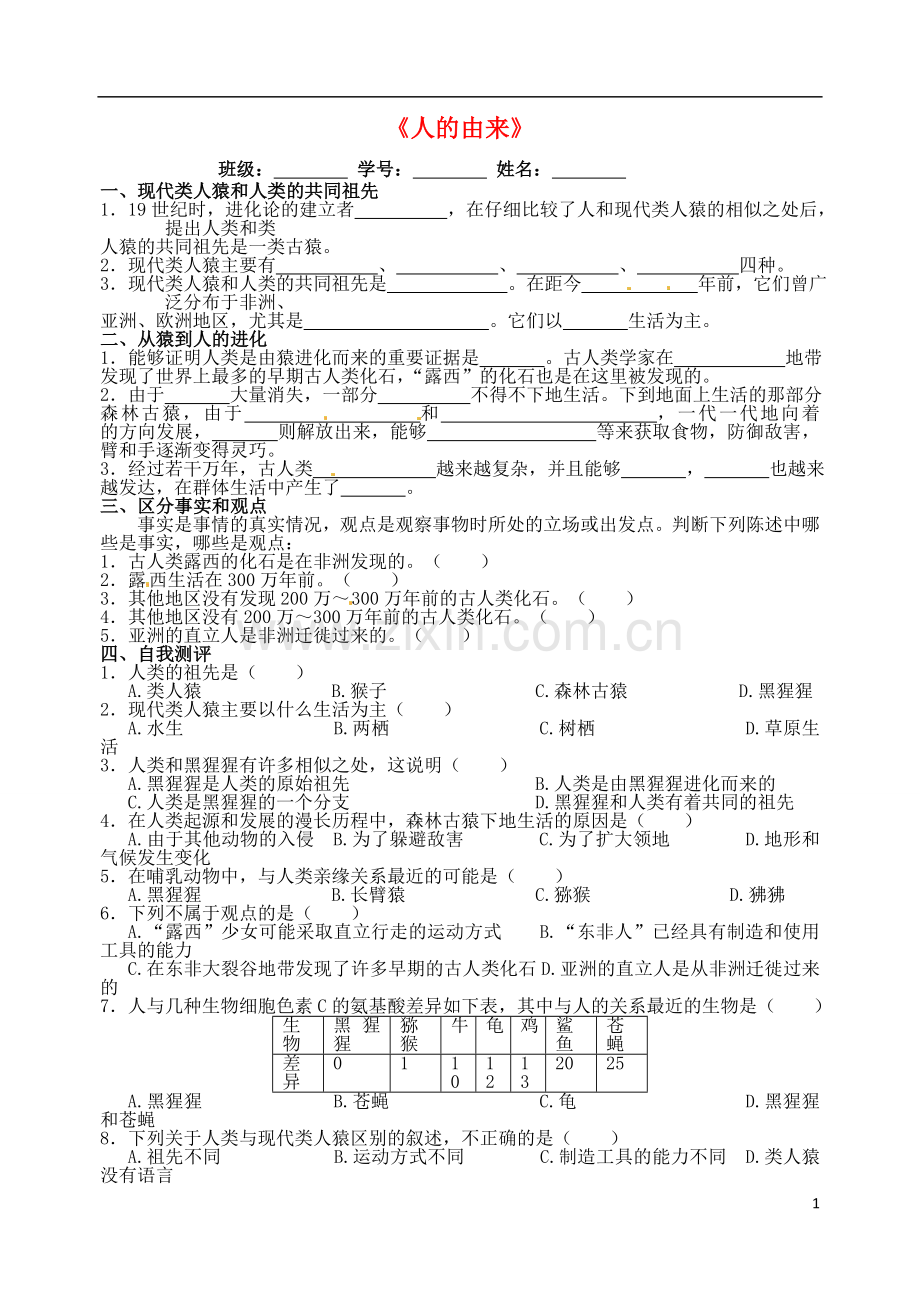 广东省江门市培英初级中学七年级生物下册《人的由来》练习(无答案)--新人教版.doc_第1页