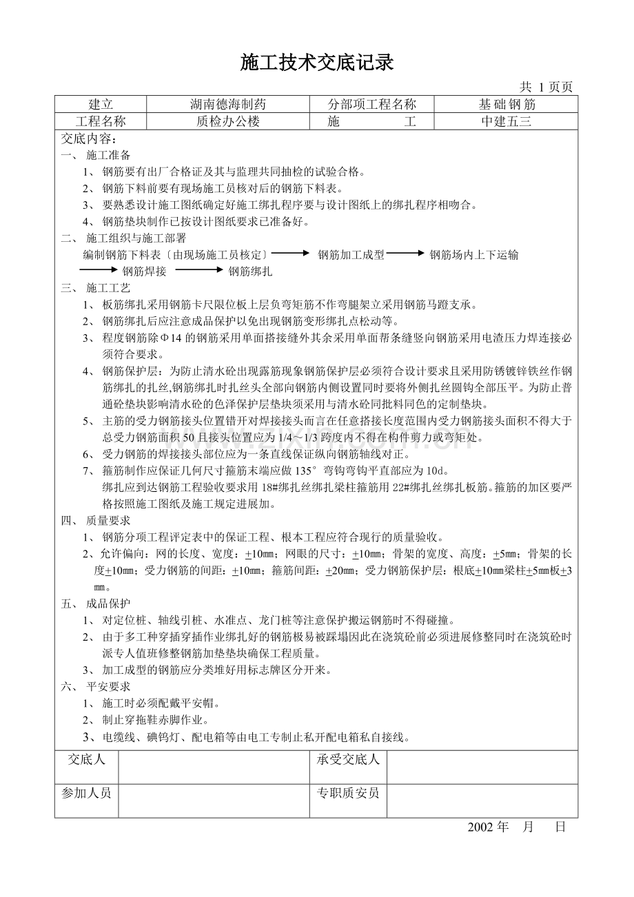 基础钢筋施工技术交底记录.doc_第1页