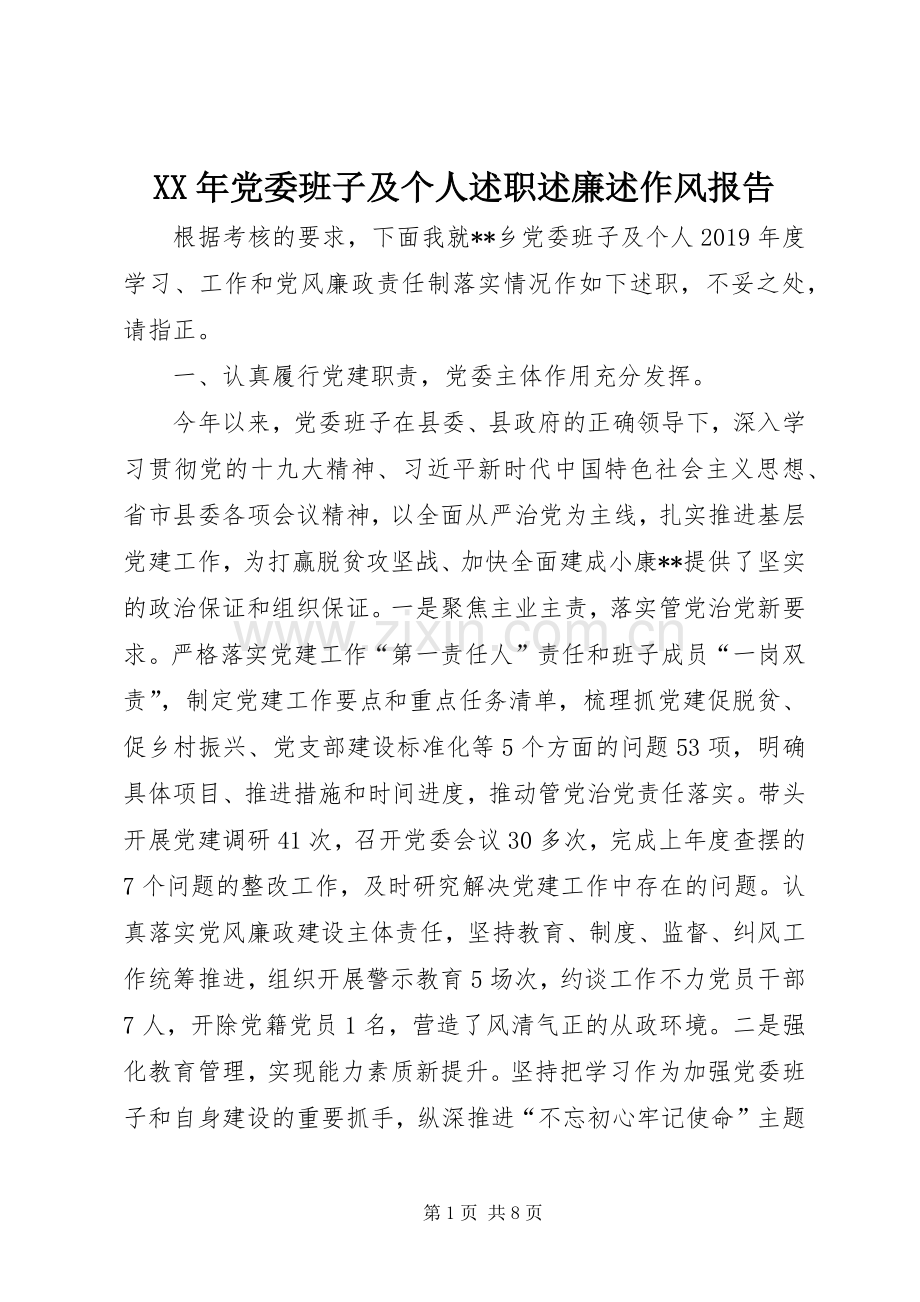 XX年党委班子及个人述职述廉述作风报告.docx_第1页