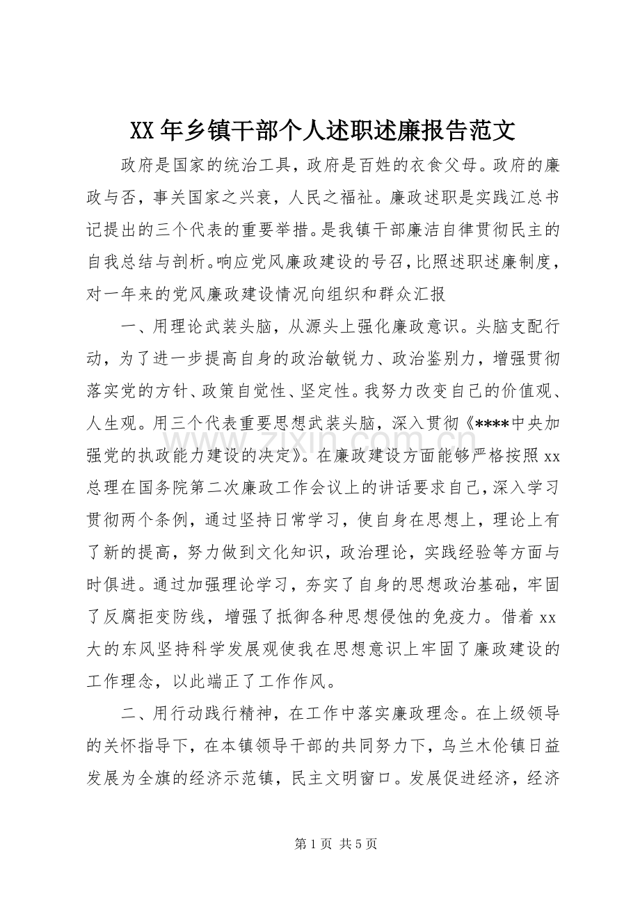 XX年乡镇干部个人述职述廉报告范文.docx_第1页