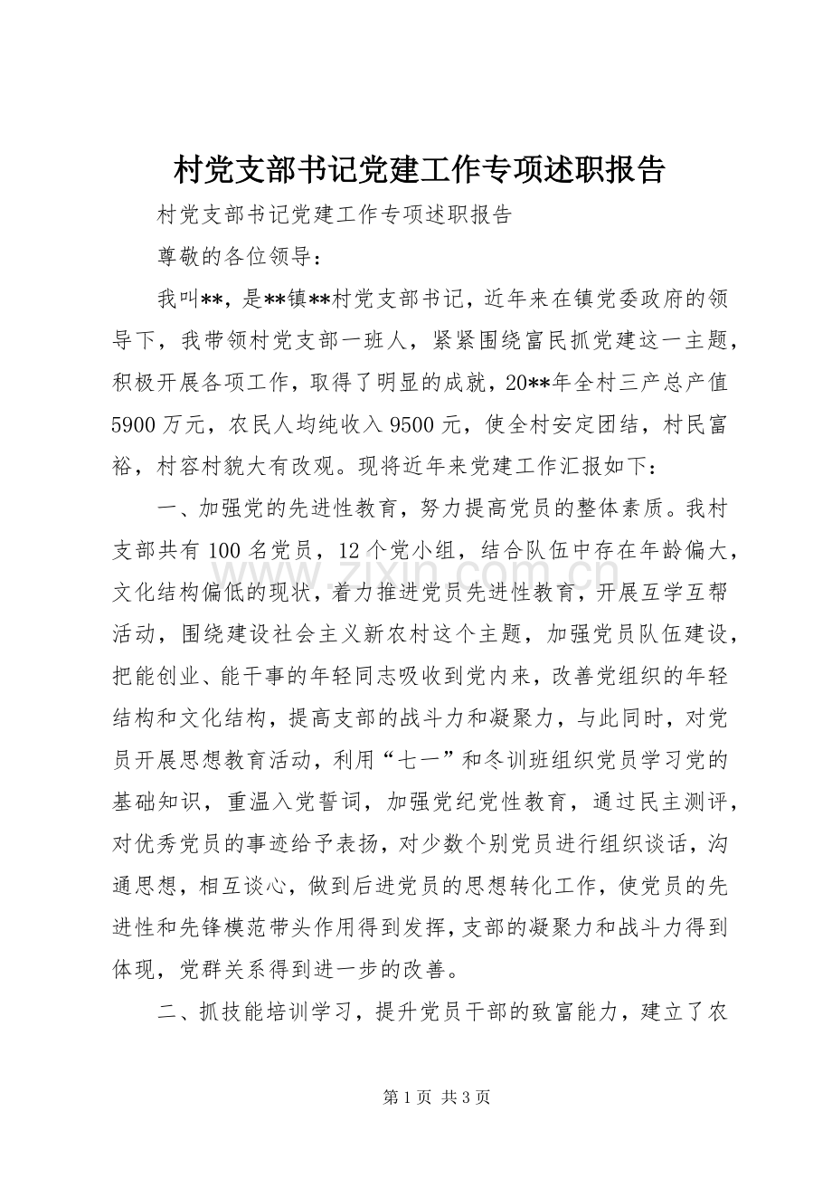 村党支部书记党建工作专项述职报告.docx_第1页