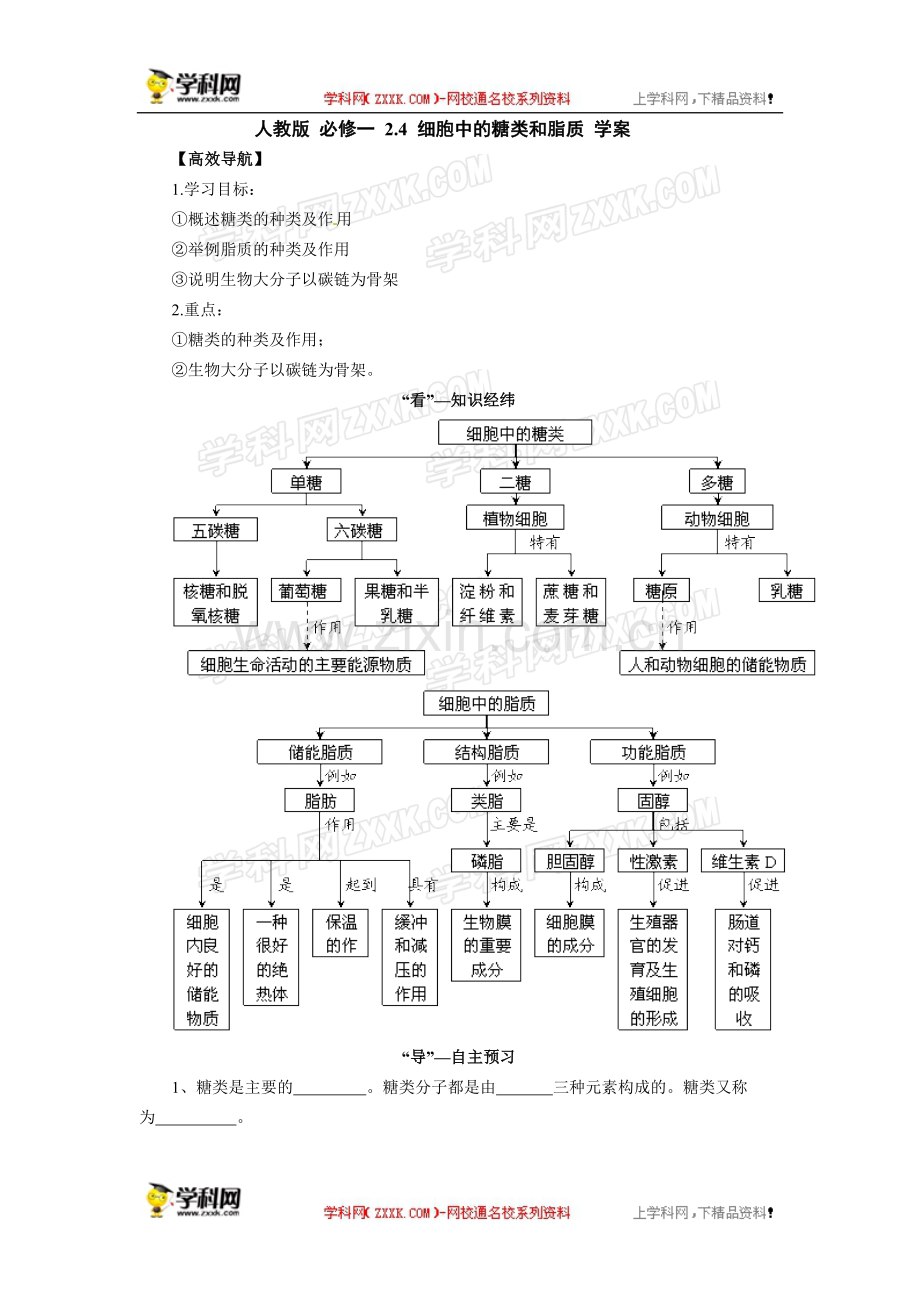 人教版必修一2.4细胞中的糖类和脂质导学案.doc_第1页