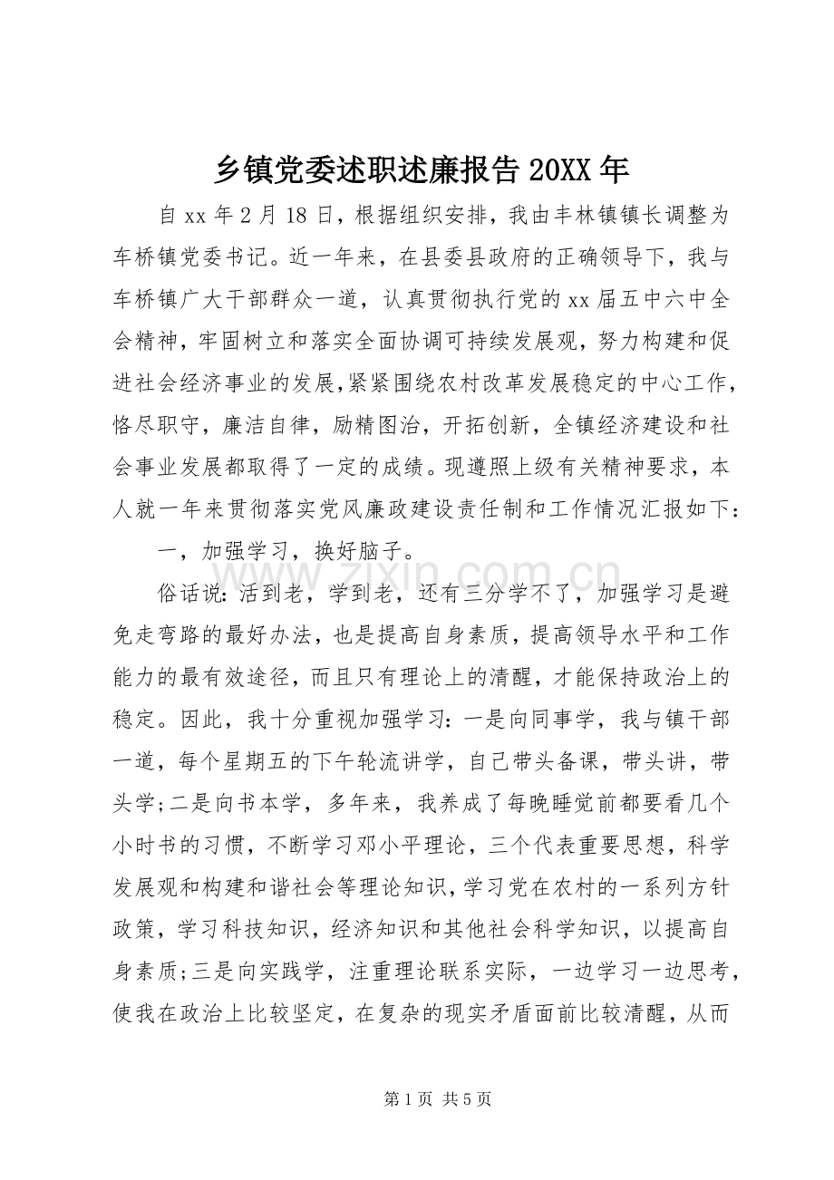 乡镇党委述职述廉报告20XX年.docx_第1页