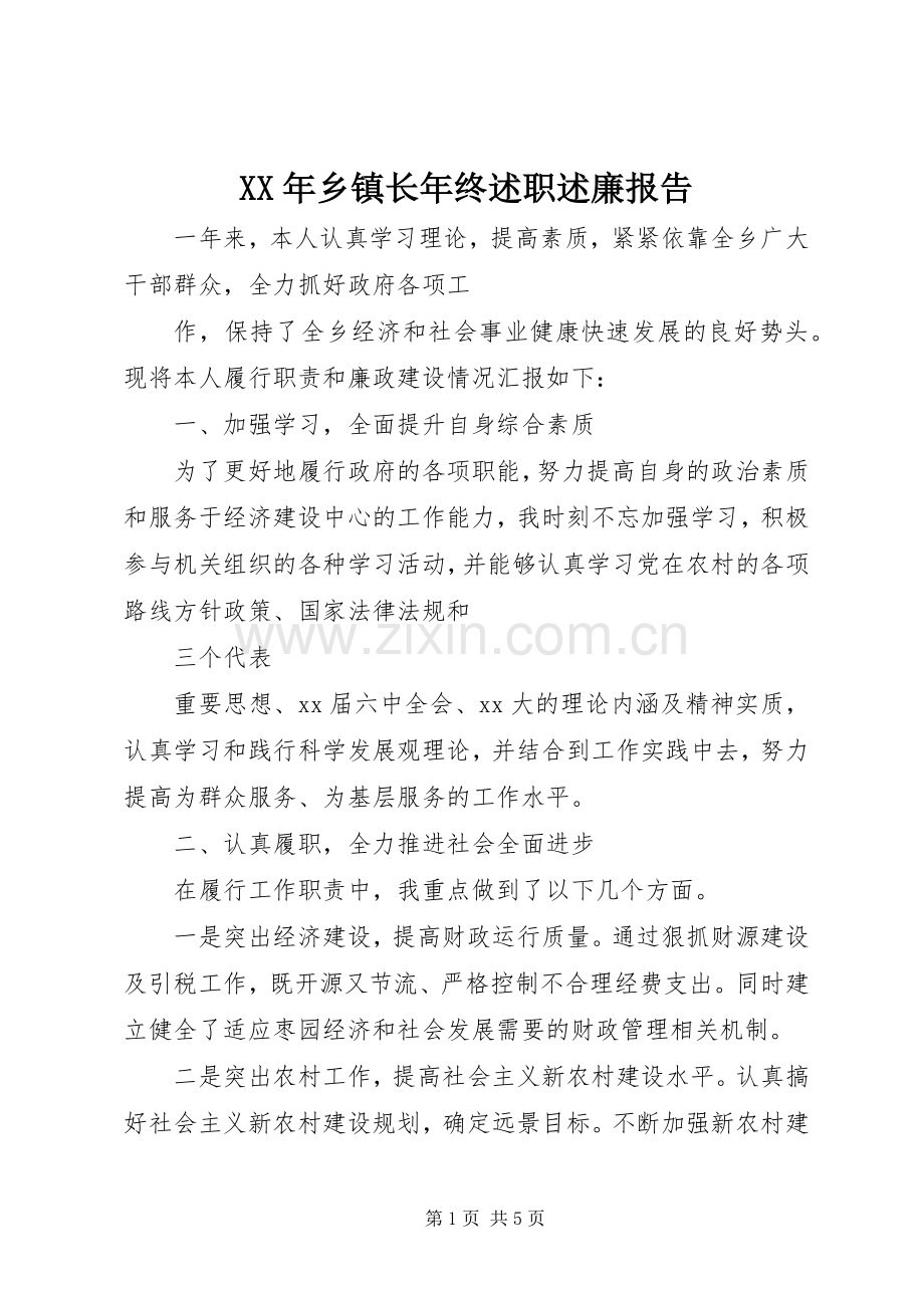 XX年乡镇长年终述职述廉报告.docx_第1页