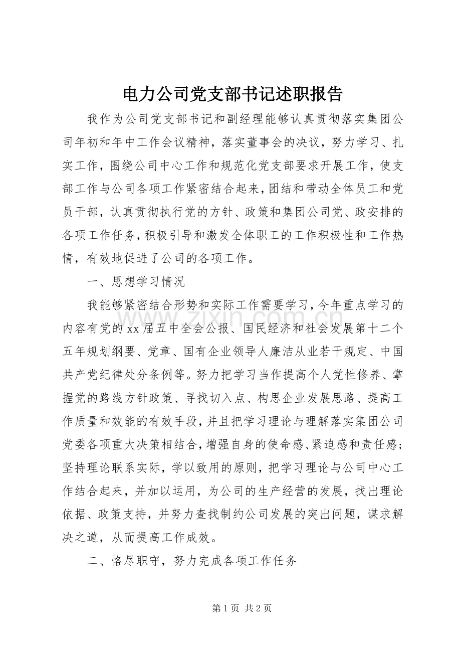 电力公司党支部书记述职报告.docx_第1页