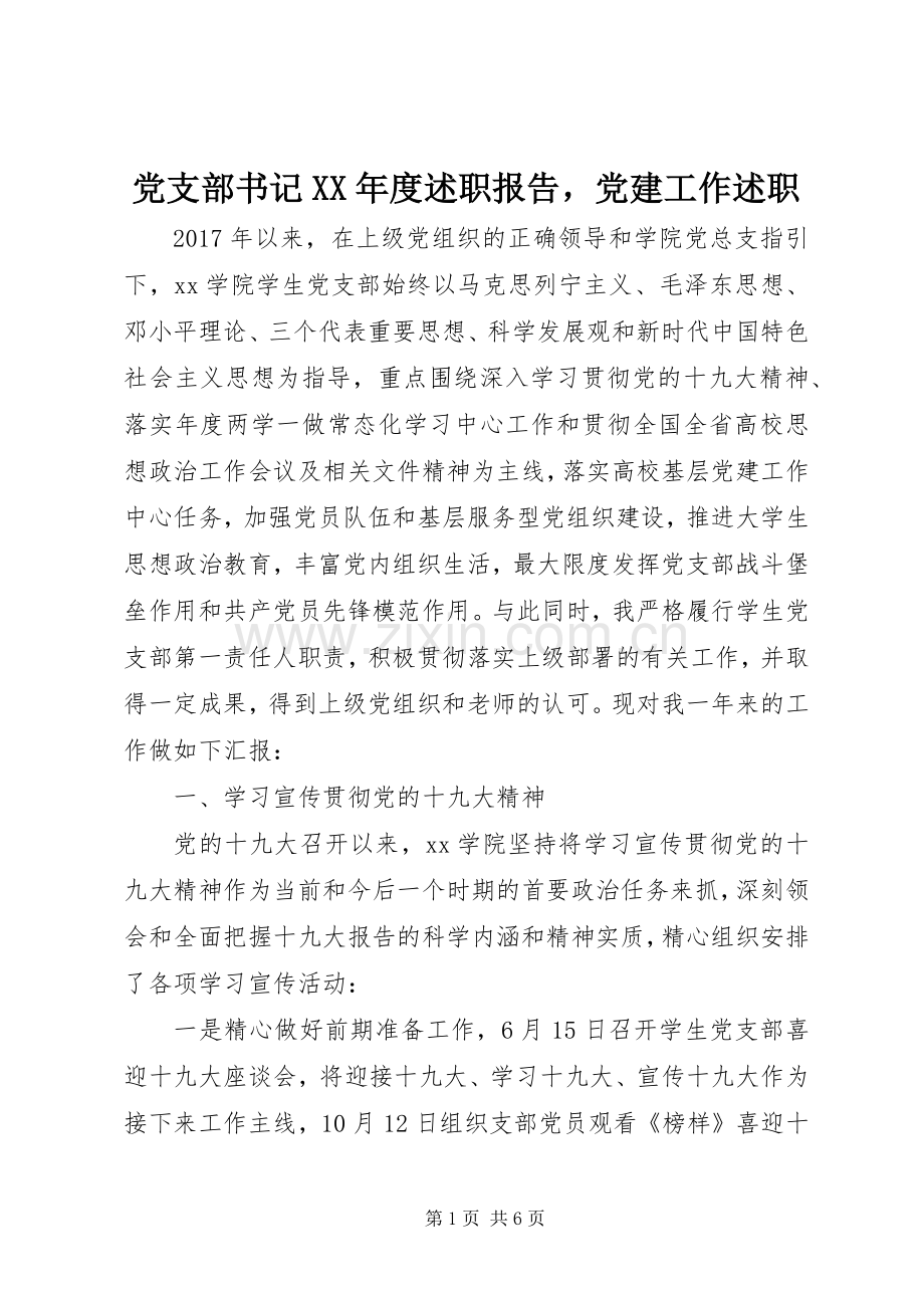 党支部书记XX年度述职报告党建工作述职.docx_第1页